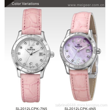 Hot sell MOP dial colourful ladies genuine leather watches